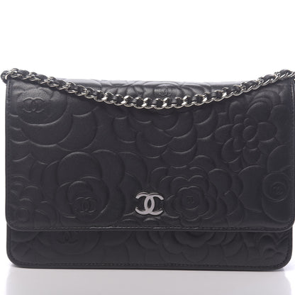 Chanel Lambskin Camellia Embossed Wallet on Chain WOC Black 10 of 13