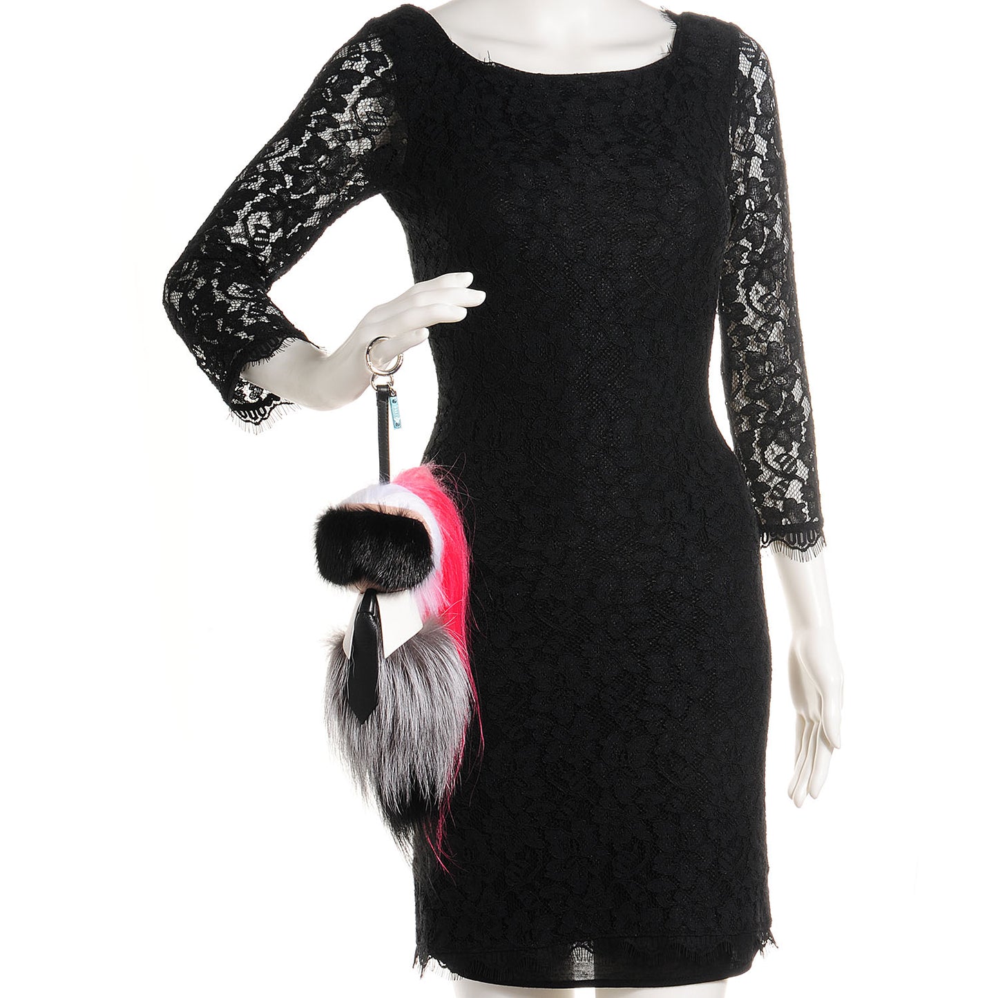 Fox Mink Goat Fur Nappa Karlito Bag Charm Black White Rosa