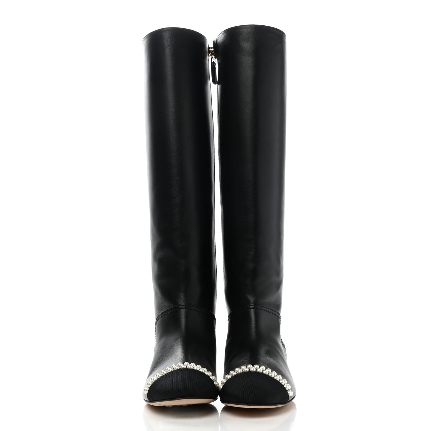 Calfskin Grosgrain Pearl Cap Toe High Boots 37.5 Black