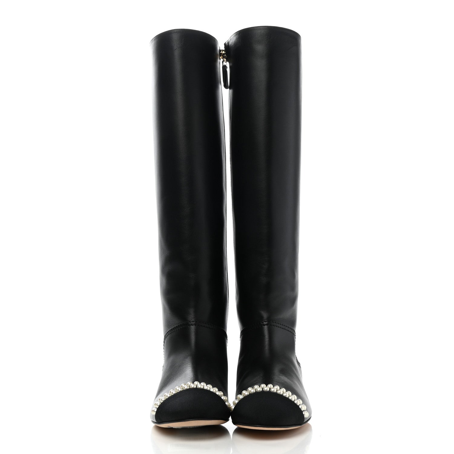 Chanel Calfskin Grosgrain Pearl Cap Toe High Boots 37.5 Black 2 of 8