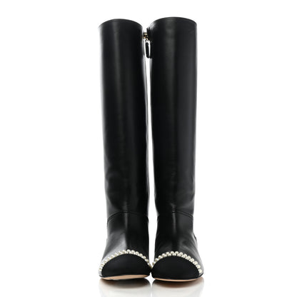 Chanel Calfskin Grosgrain Pearl Cap Toe High Boots 37.5 Black 2 of 8