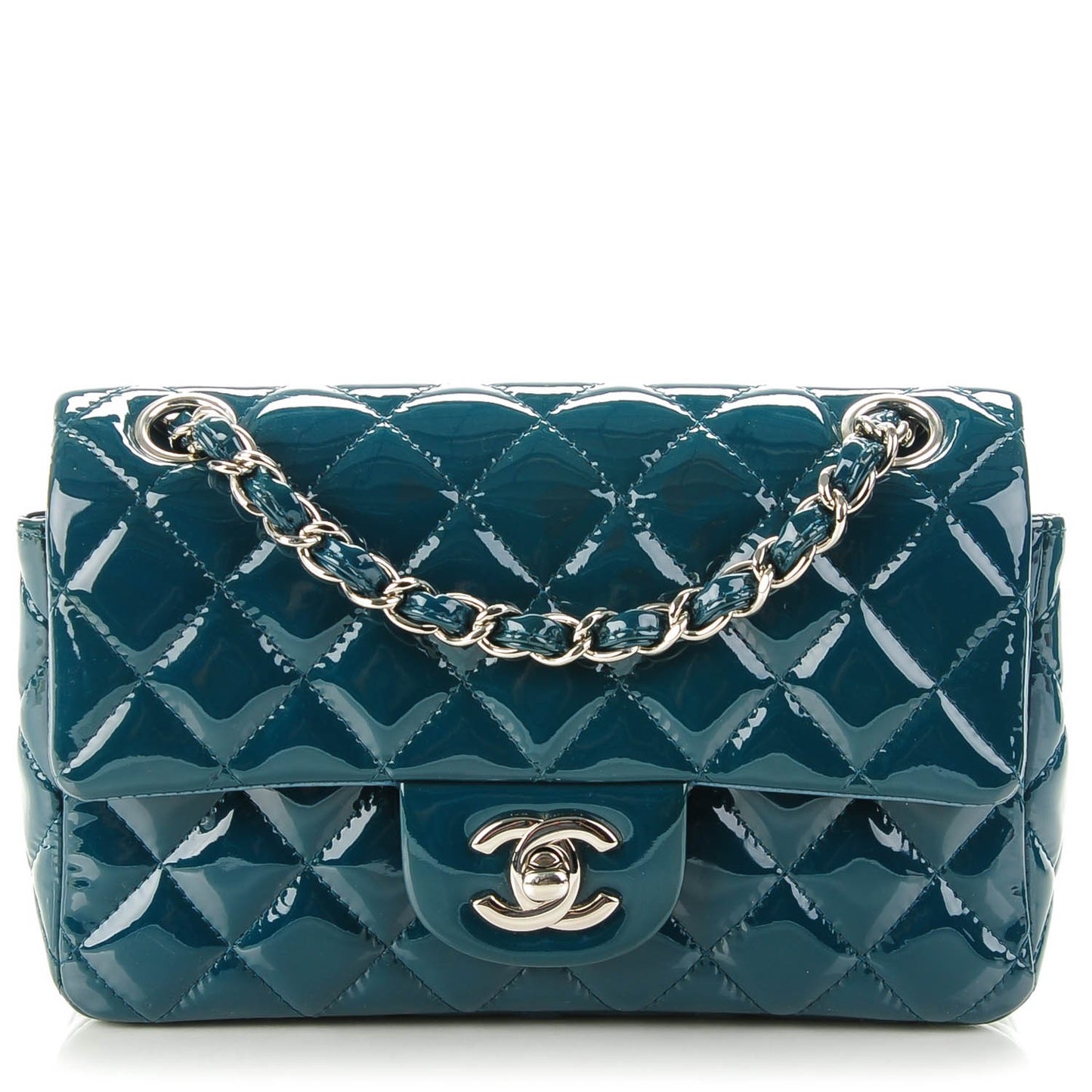 Patent Calfskin Quilted Mini Rectangular Flap Turquoise