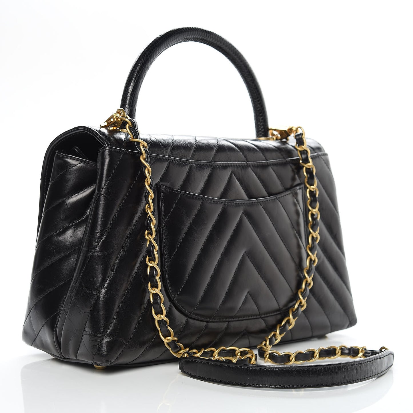 Calfskin Lizard Chevron Quilted Small Coco Handle Flap Black