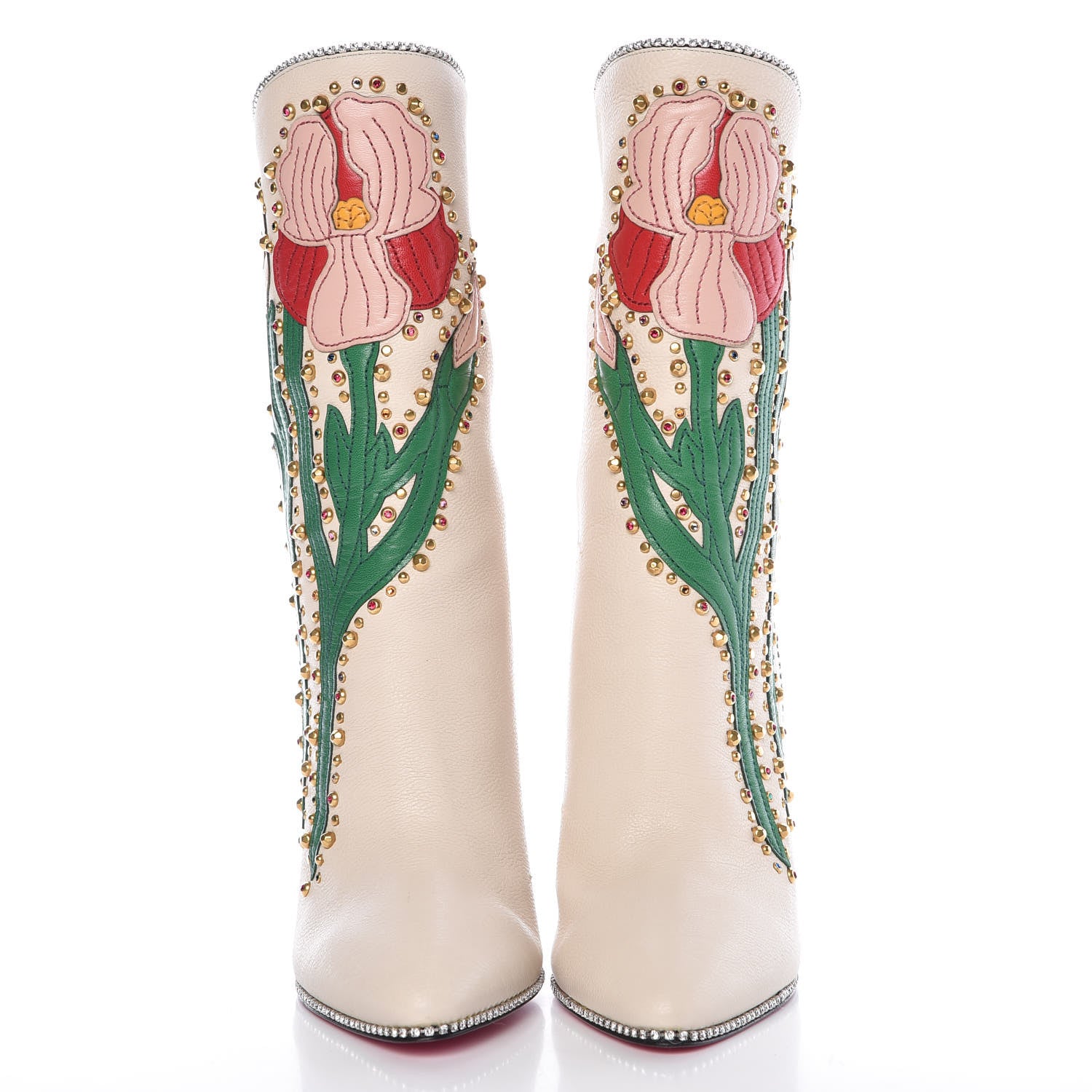 Gucci Calfskin Floral Crystal Embroidered Fosca Boots 36.5 Mystic White 2 of 11