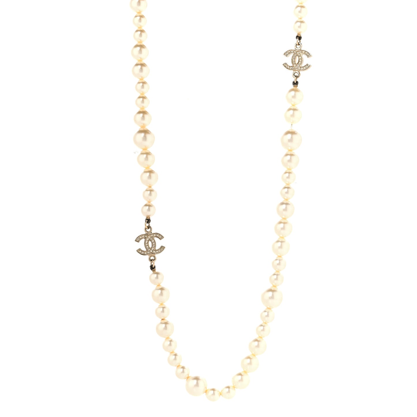 Crystal Pearl CC Long Necklace Gold