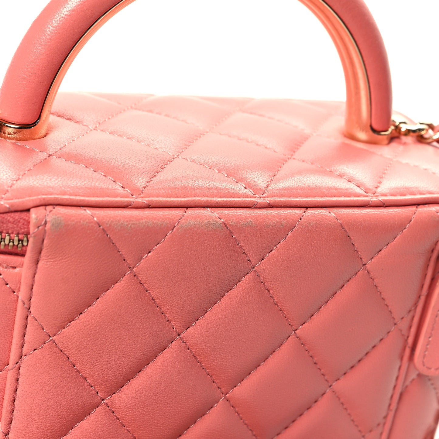 Lambskin Quilted Small Charming Top Handle Vanity Case With Chain Pink