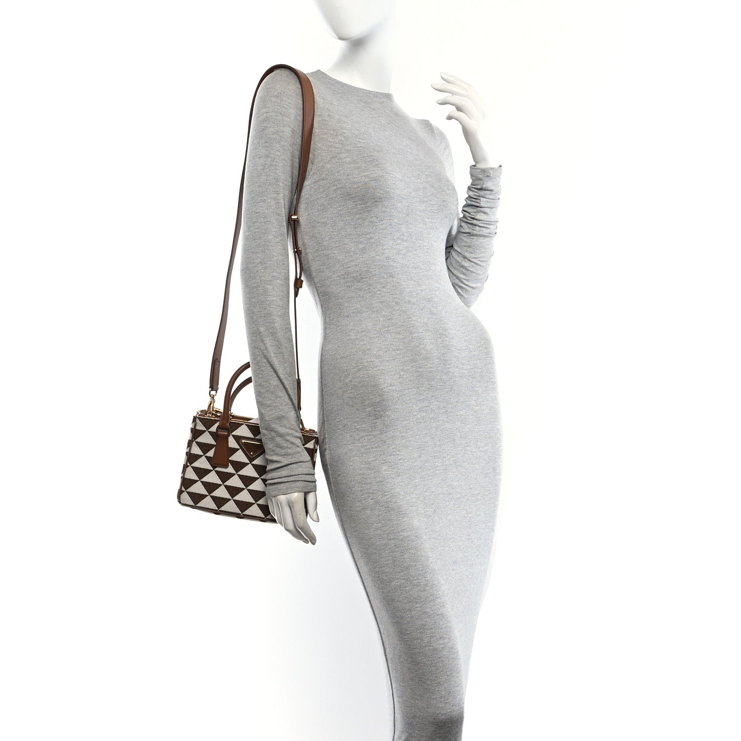 Prada Jacquard Saffiano Triangolo Symbole Embroidered Mini Galleria Double Zip Tote Tabacco Talco 2 of 10