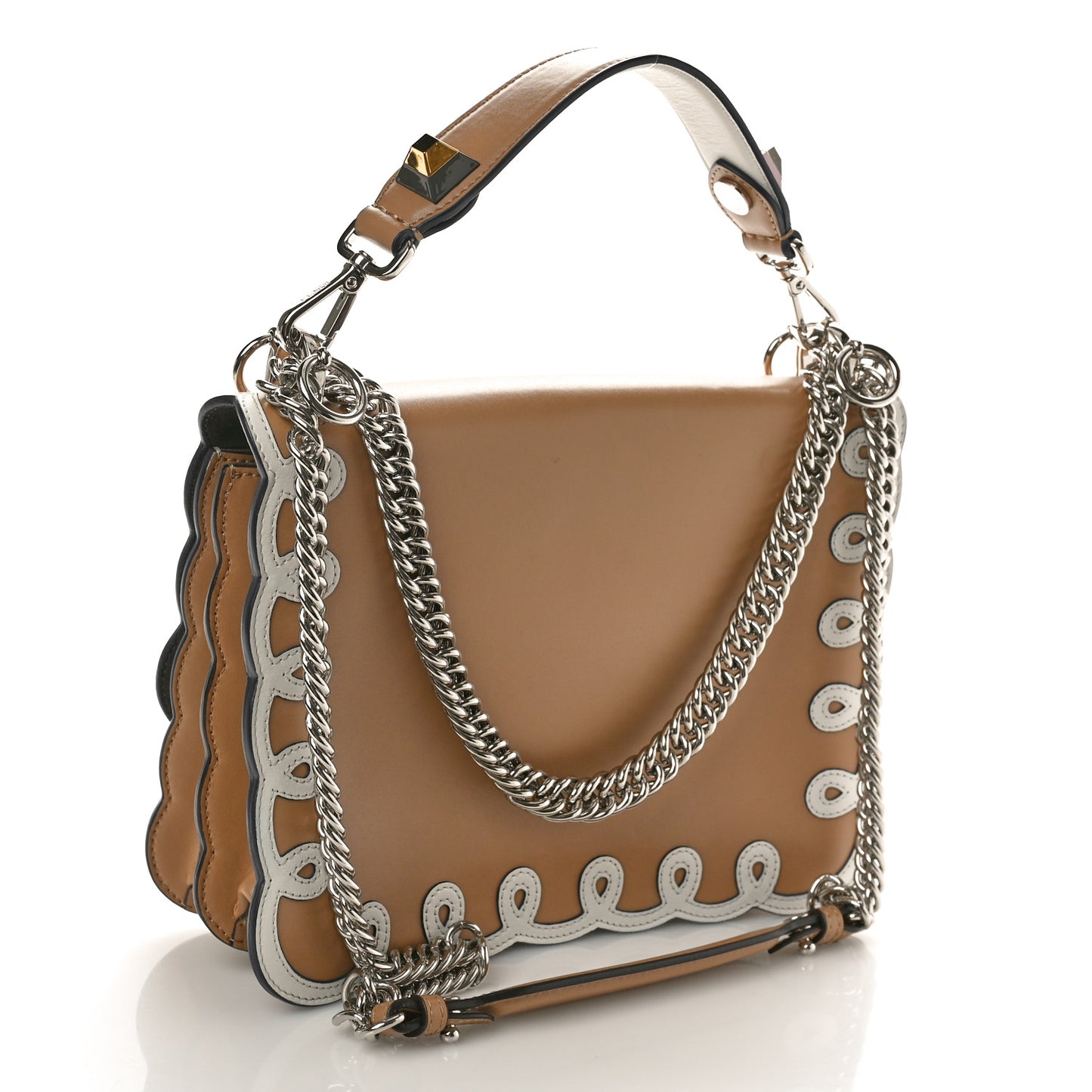 Vitello Liberty Dolce Scalloped Studded Scrollwork Kan I Shoulder Bag Cuoio White