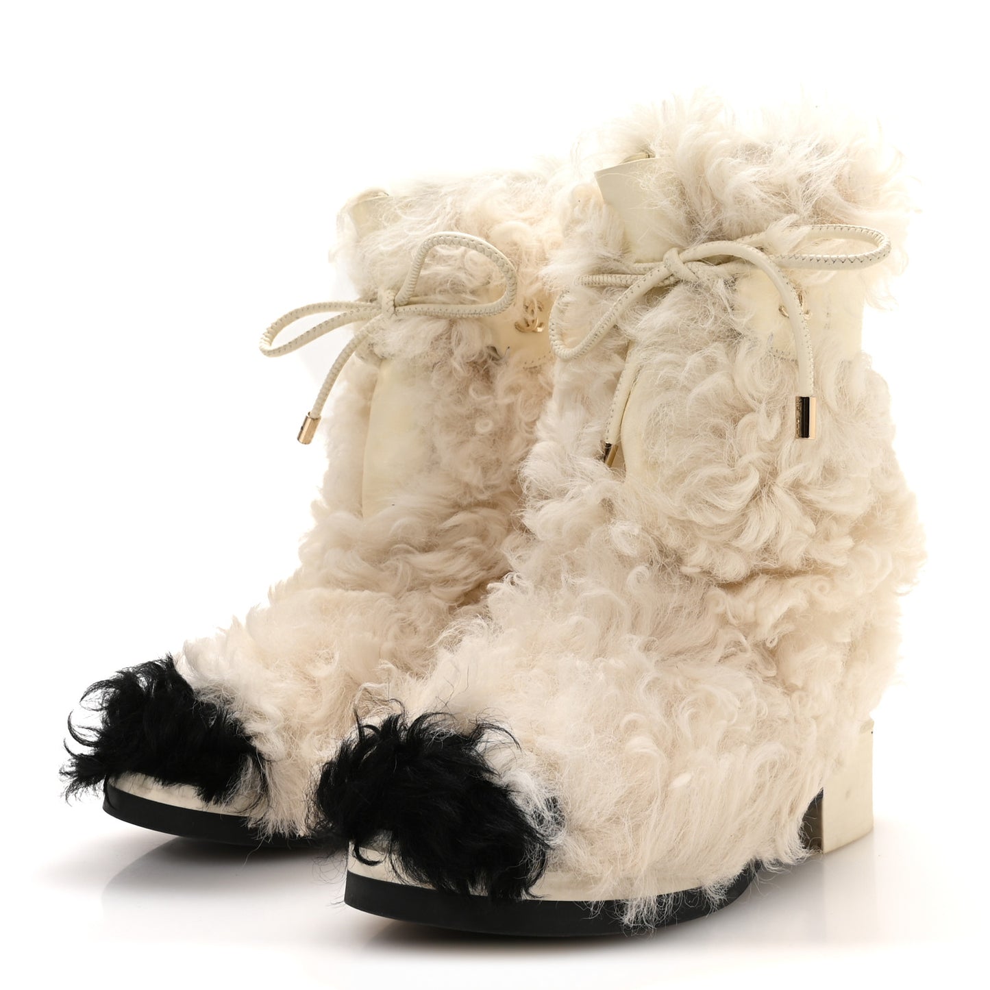 Shearling Sheepskin High Boots 38.5 Ivory Black