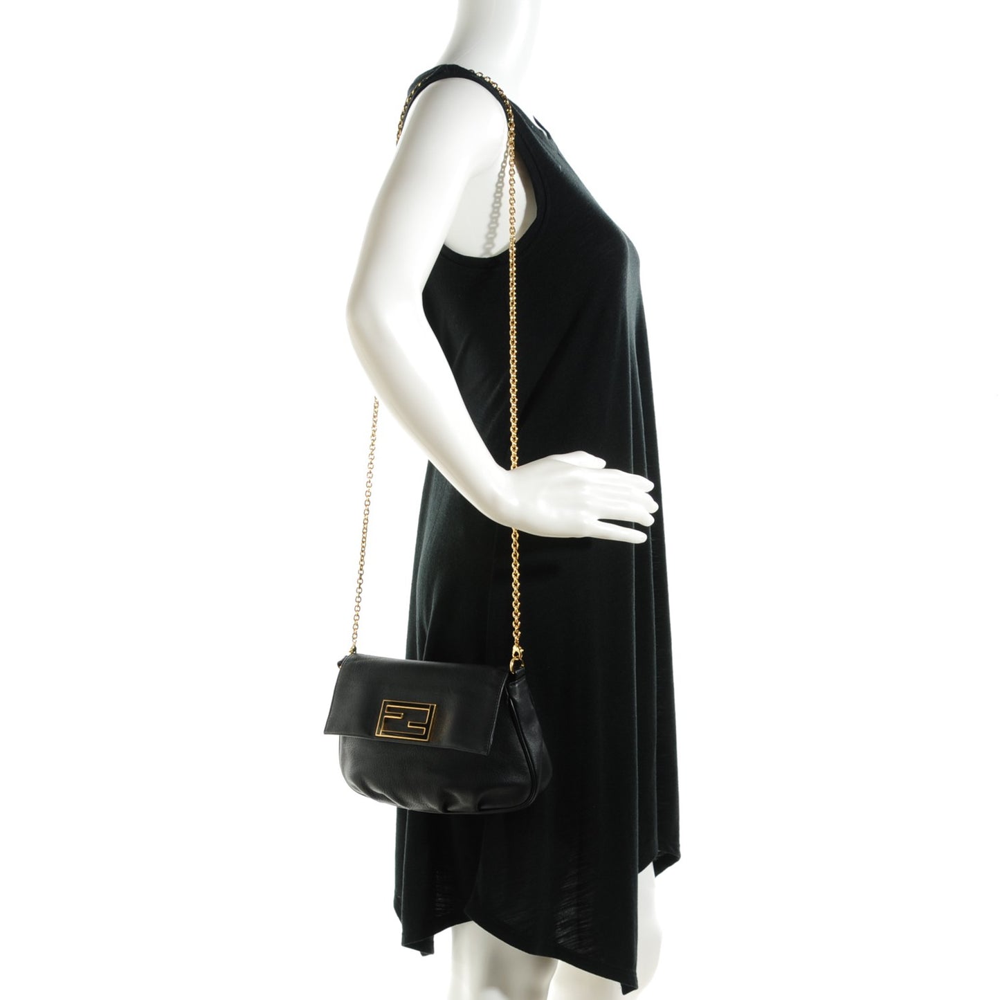 Vitello Flamingo Enamel Fendista Pouchette Crossbody Black