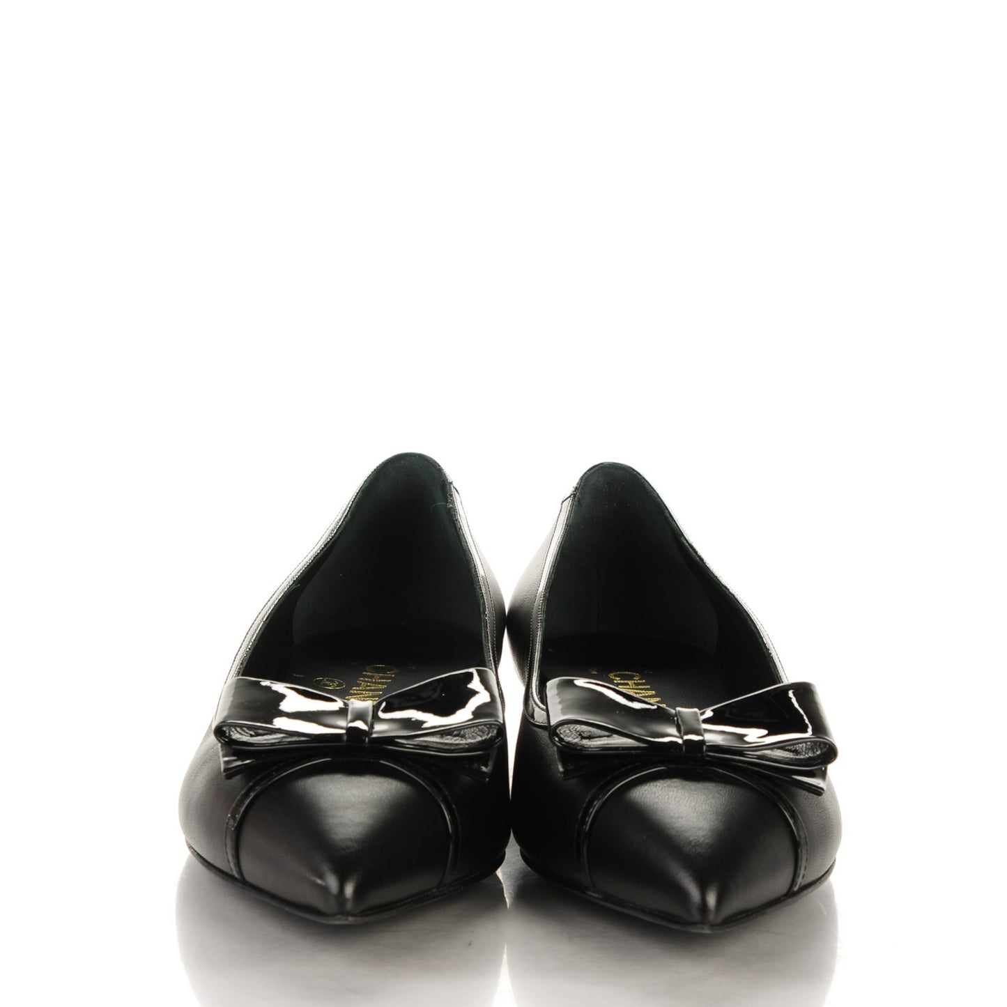 Lambskin Patent Pointed Toe Ballerina Bow Flats 38.5 Black