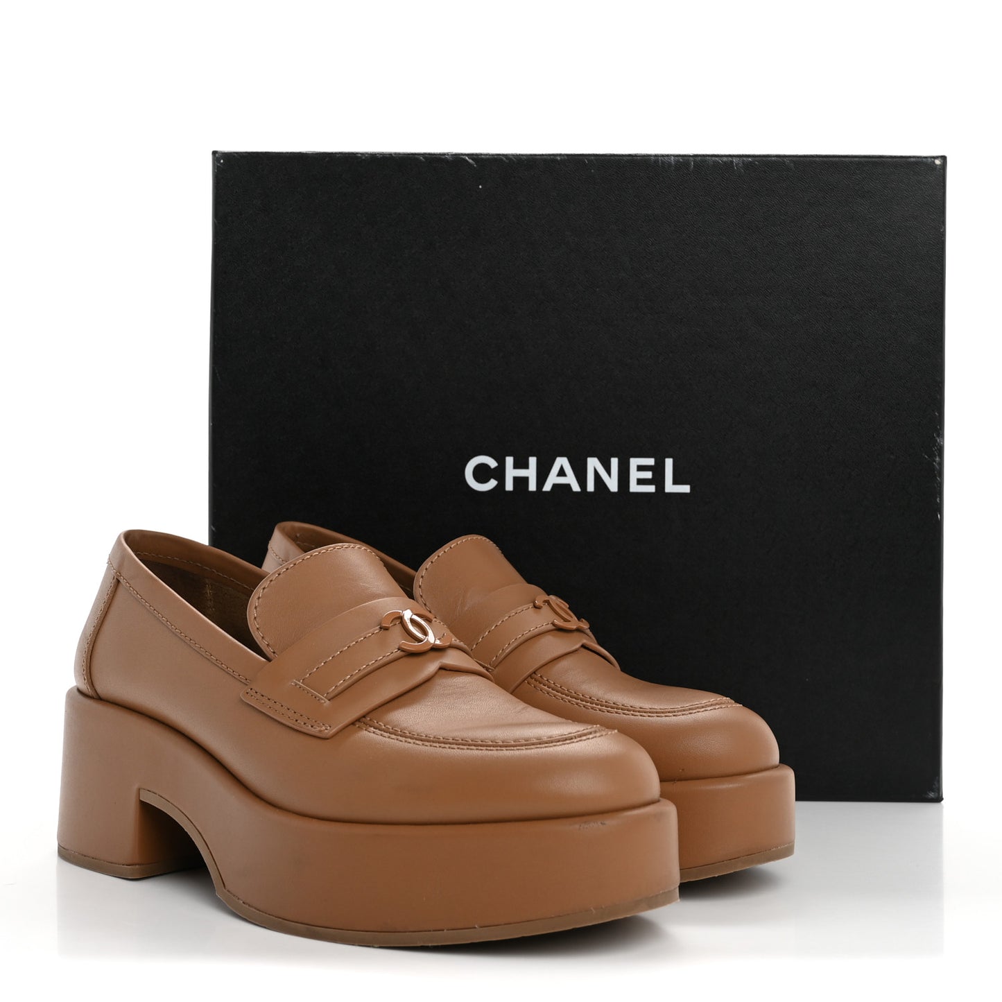 Calfskin CC Platform Loafers 38 Beige