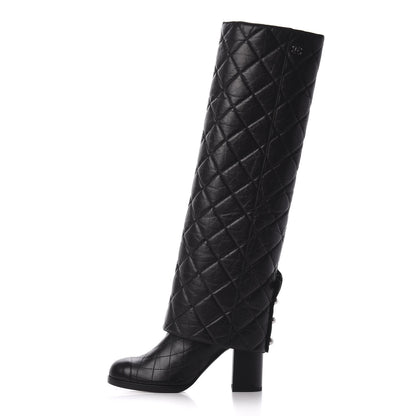 Chanel Aged Calfskin Quilted Pearl CC High Boots 37 Black 1 of 8