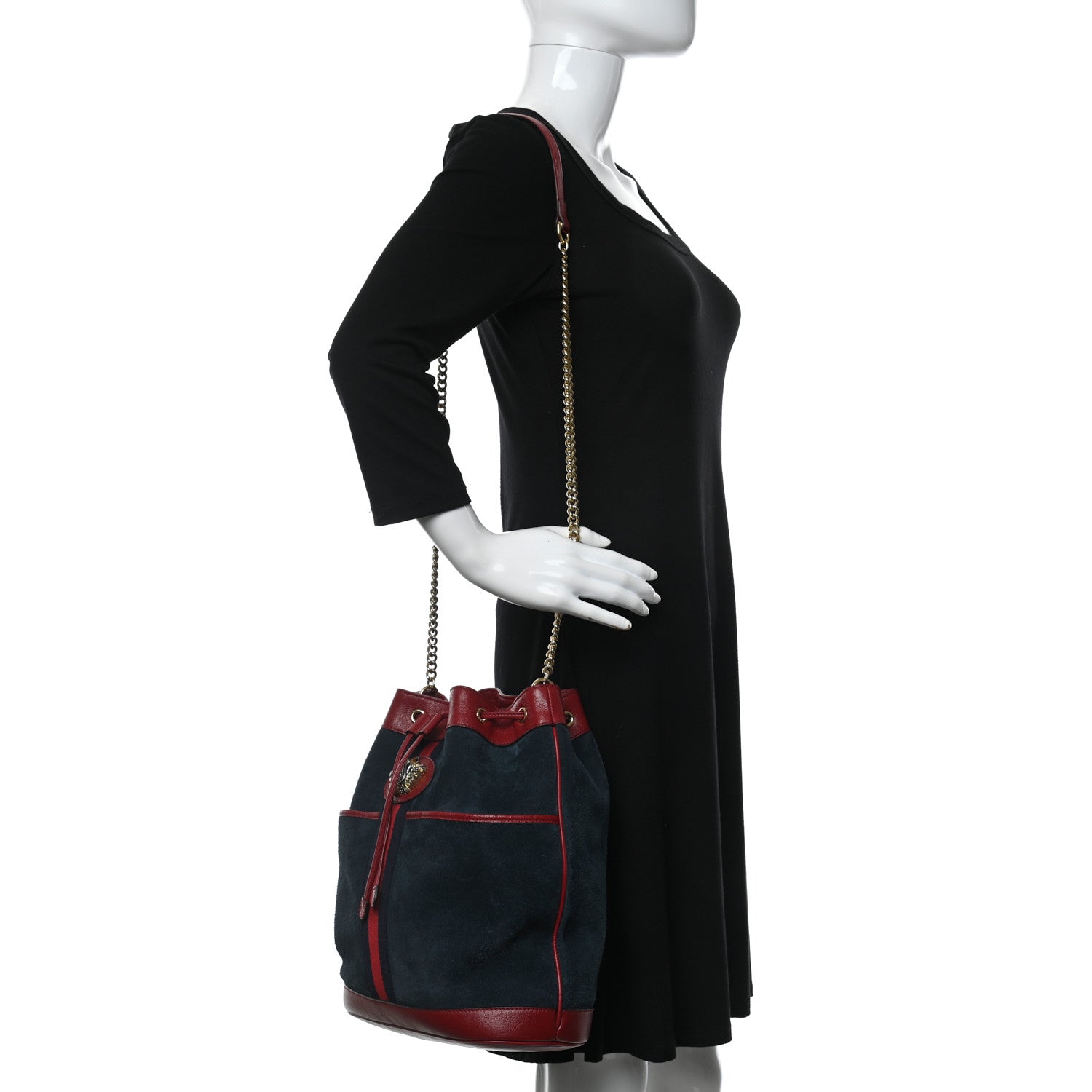 Gucci Suede Calfskin Web Medium Rajah Bucket Bag New Blue Romantic Cherry 2 of 10