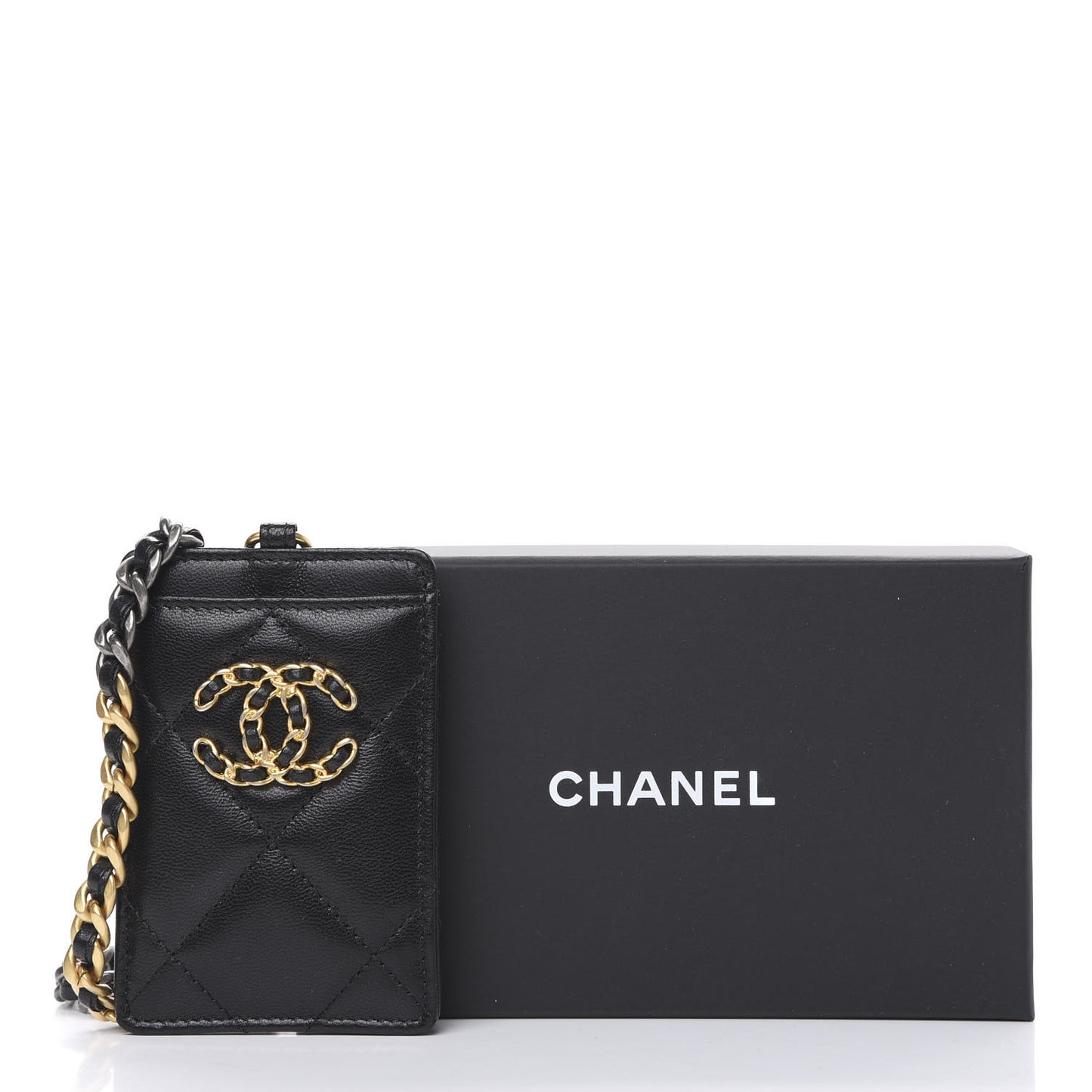 Goatskin Quilted Chanel 19 Card Holder On Chain Black