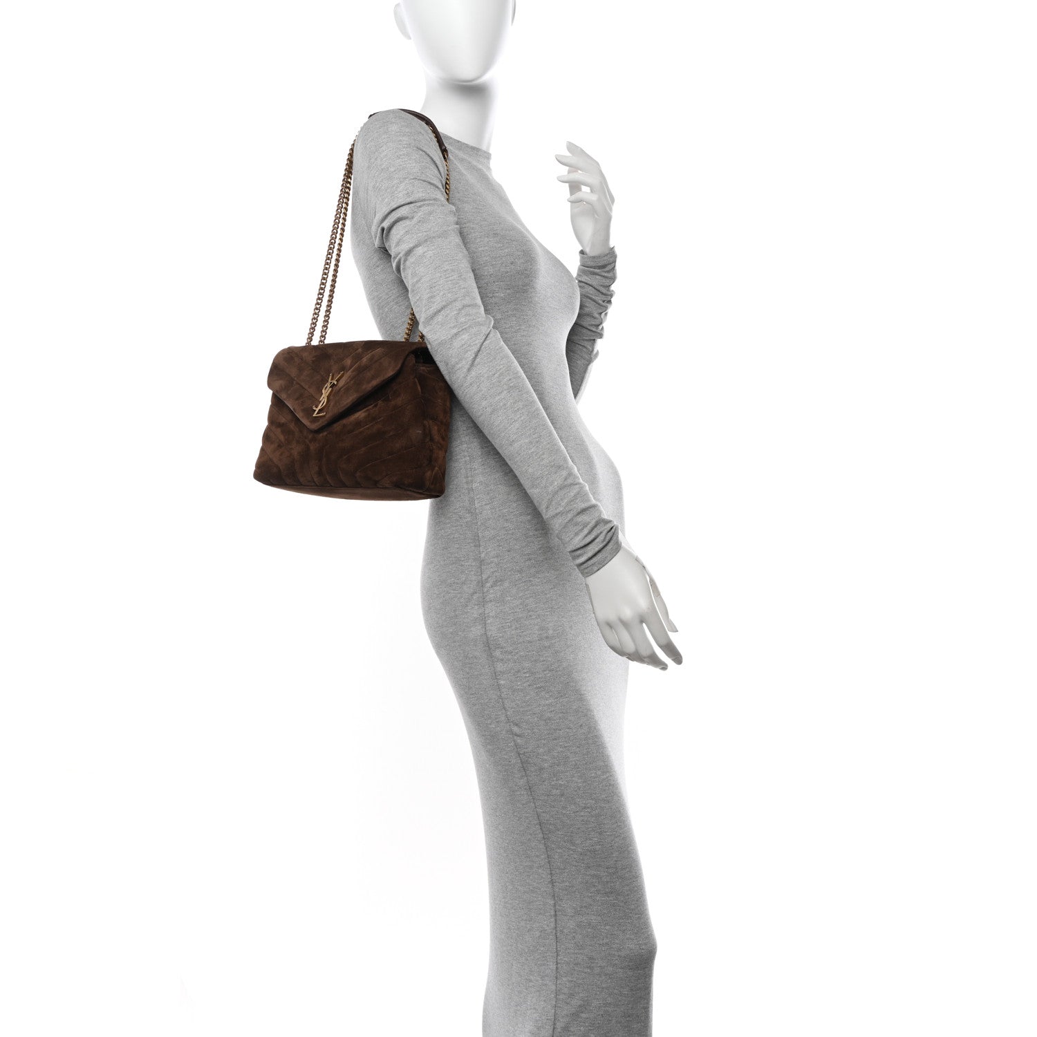 Saint Laurent Suede Calfskin Y Quilted Monogram Small Loulou Chain Satchel Bark Brown 2 of 11