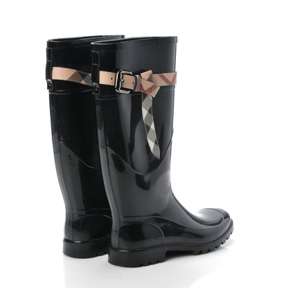 Burberry Rubber Nova Check Roscot Belted Rain Boots 37 Black 4 of 12
