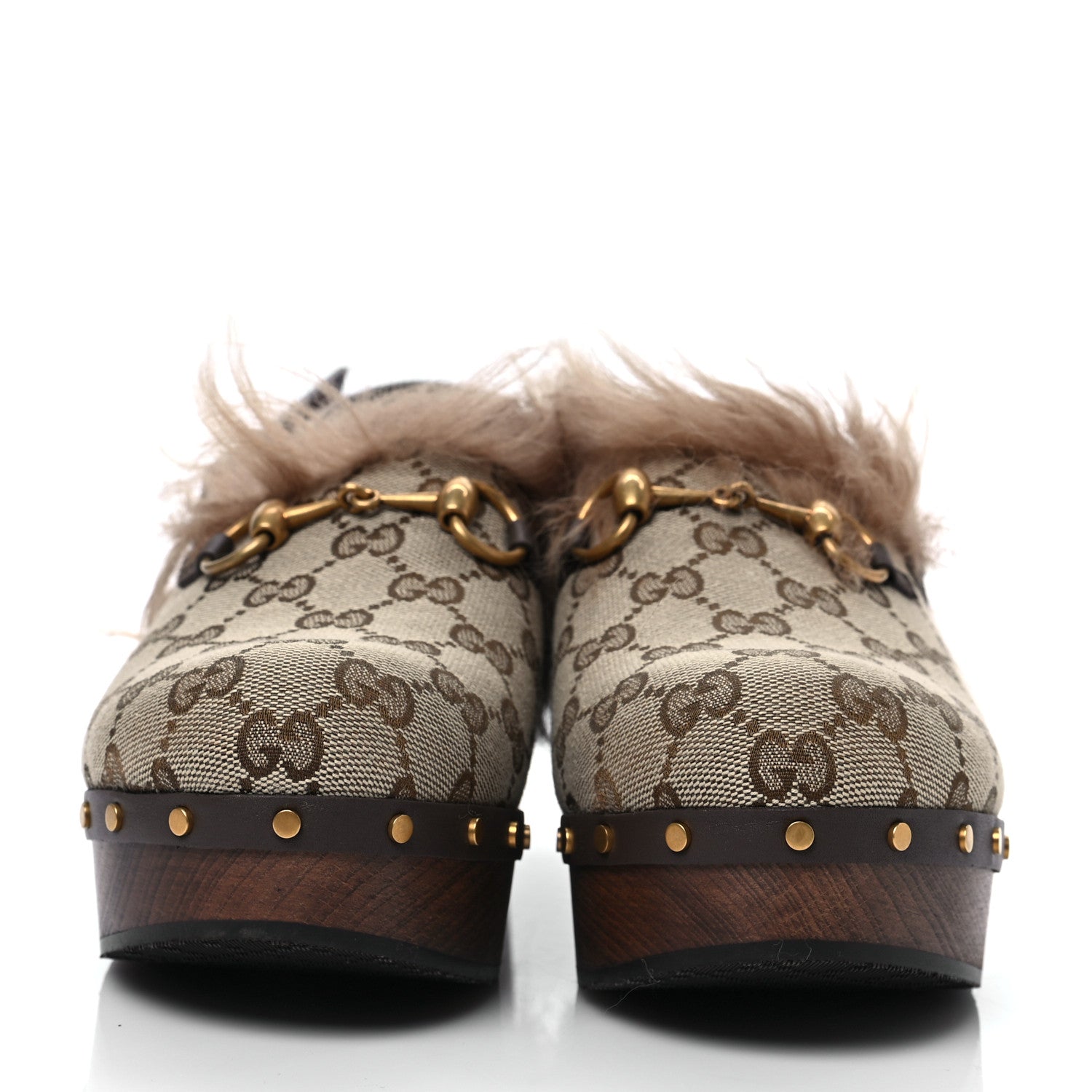 Gucci Monogram Calfskin Fur Horsebit Amstel Slingback Clogs 38.5 Beige Ebony New Acero Naturale 2 of 6