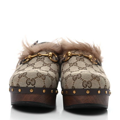 Gucci Monogram Calfskin Fur Horsebit Amstel Slingback Clogs 38.5 Beige Ebony New Acero Naturale 2 of 6
