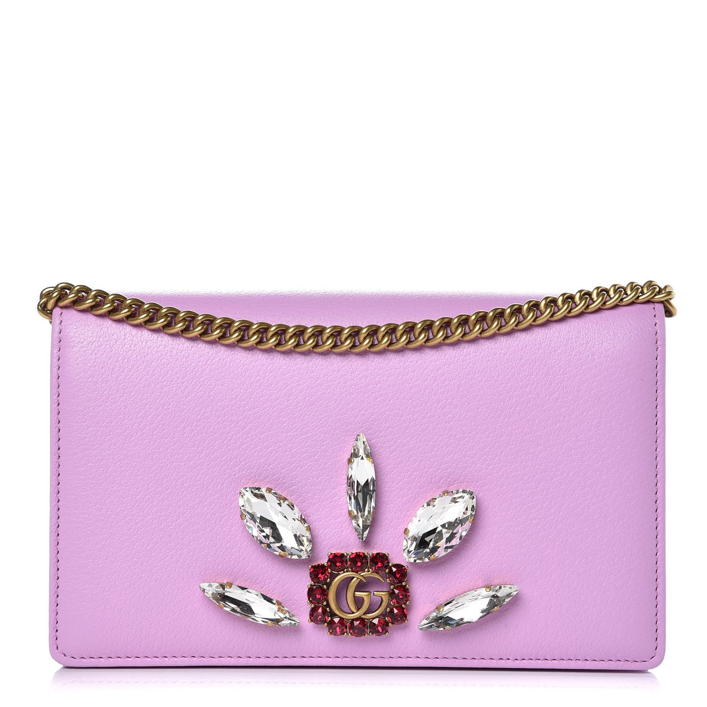 Calfskin Marquise Crystals Mini GG Chain Wallet Malva