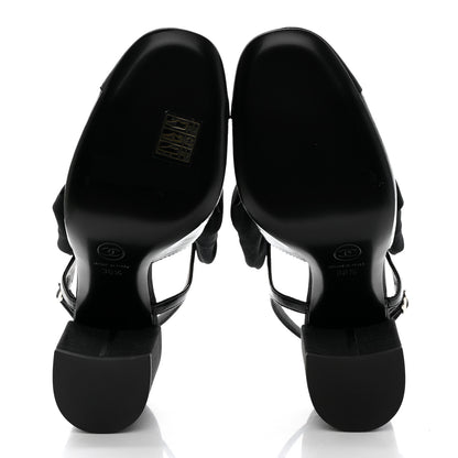 Chanel Crumpled Shiny Fabric Grosgrain Cap Toe Camellia Bow Slingback Pumps 36.5 Black 5 of 9