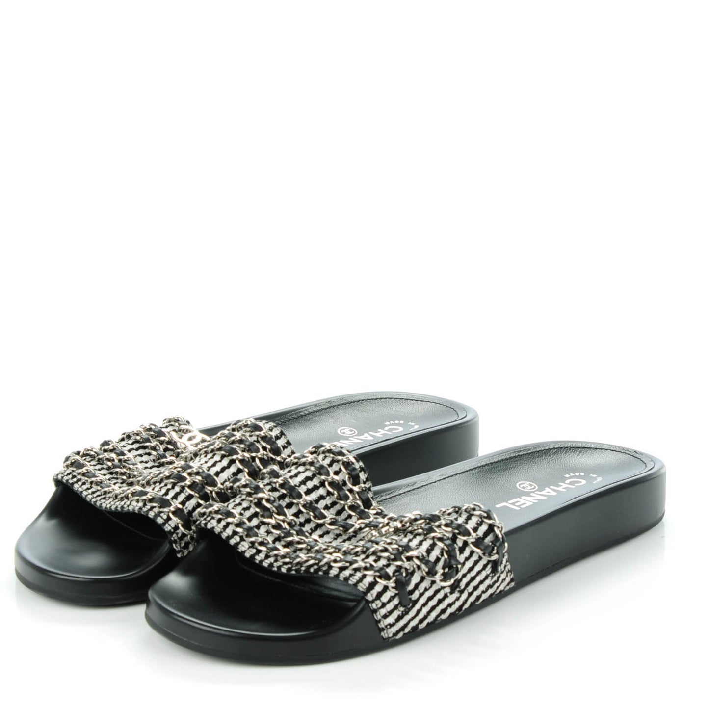 Tweed Lambskin Chain Flat Sandals 42 Black White