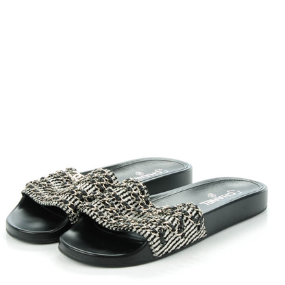 Chanel Tweed Lambskin Chain Flat Sandals 42 Black White 3 of 8