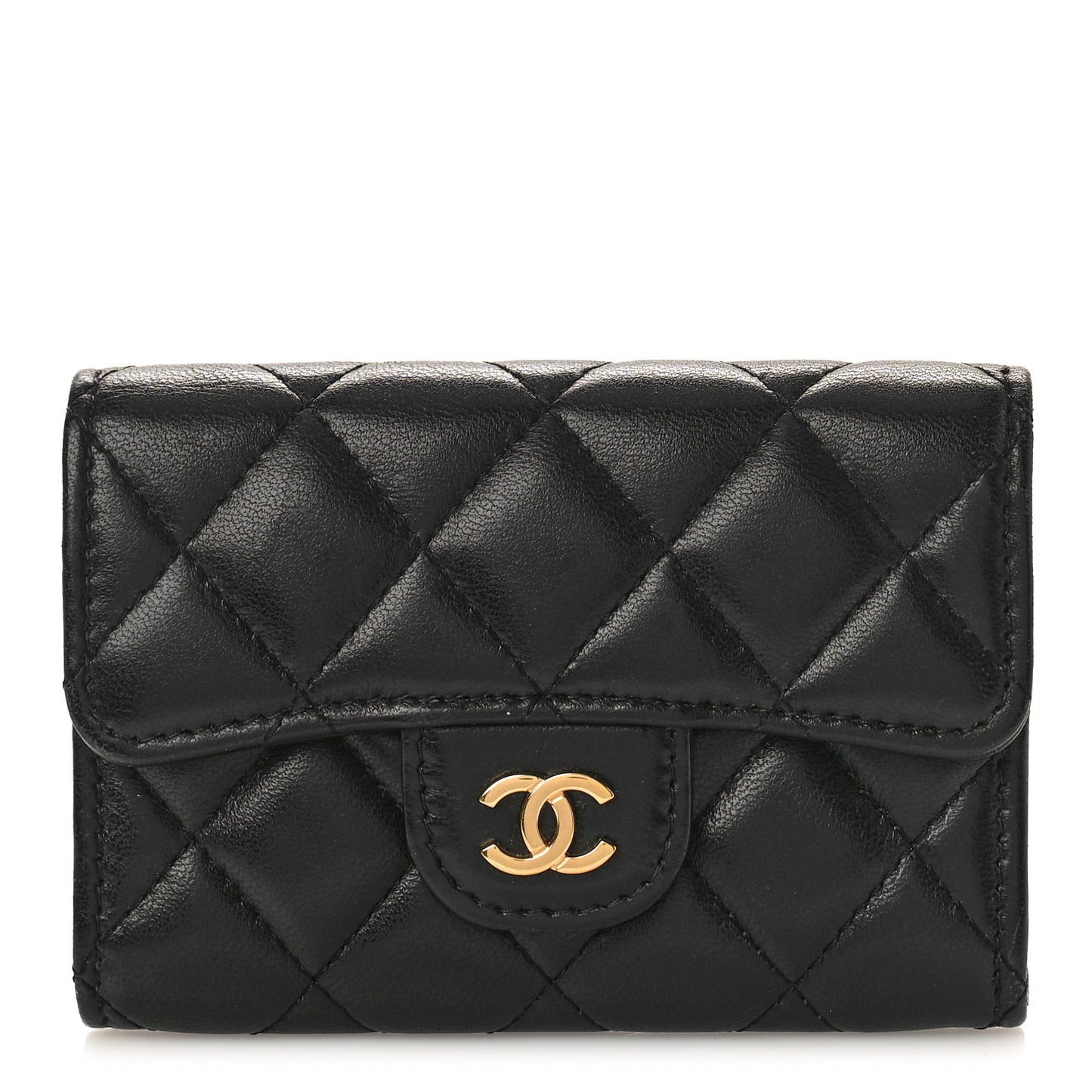 Lambskin Quilted Flap Card Holder Wallet Black