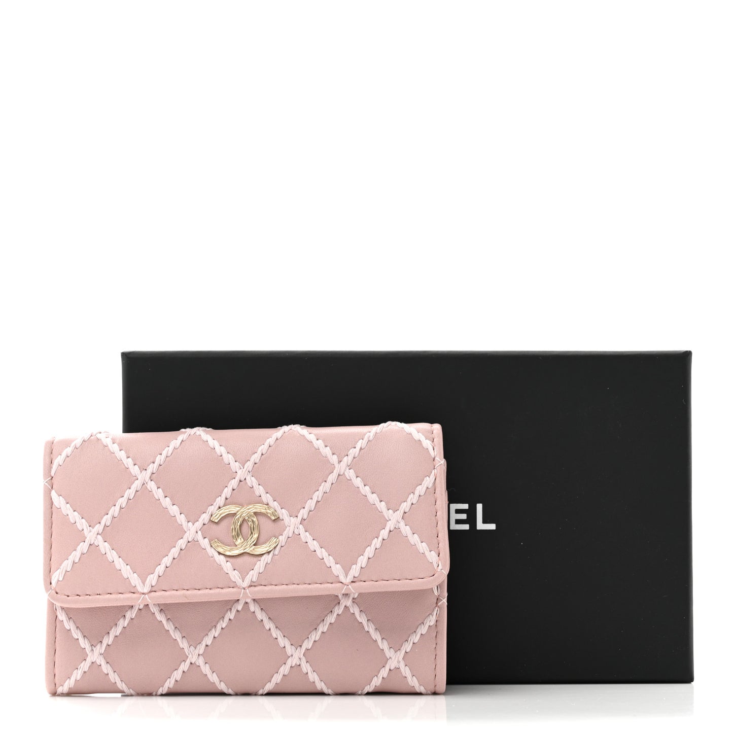 Lambskin Quilted Stitch Flap Card Holder Pink White