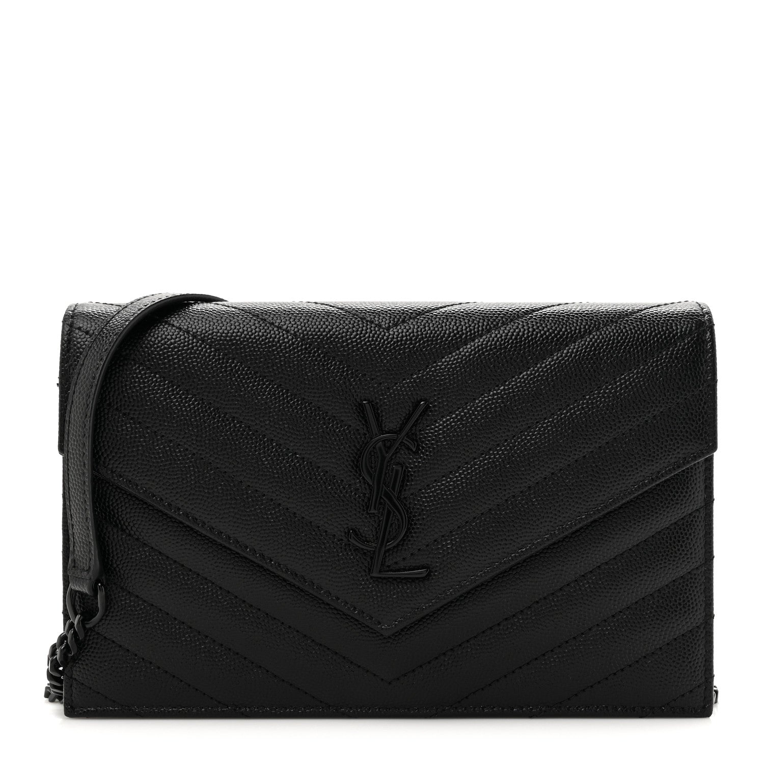 Saint Laurent Grain De Poudre Matelasse Chevron Monogram Monochrome Envelope Chain Wallet Black 1 of 11