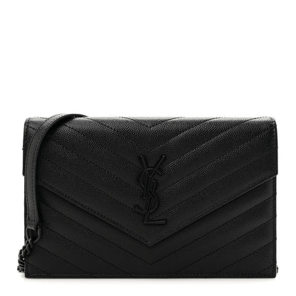 Saint Laurent Grain De Poudre Matelasse Chevron Monogram Monochrome Envelope Chain Wallet Black 1 of 11