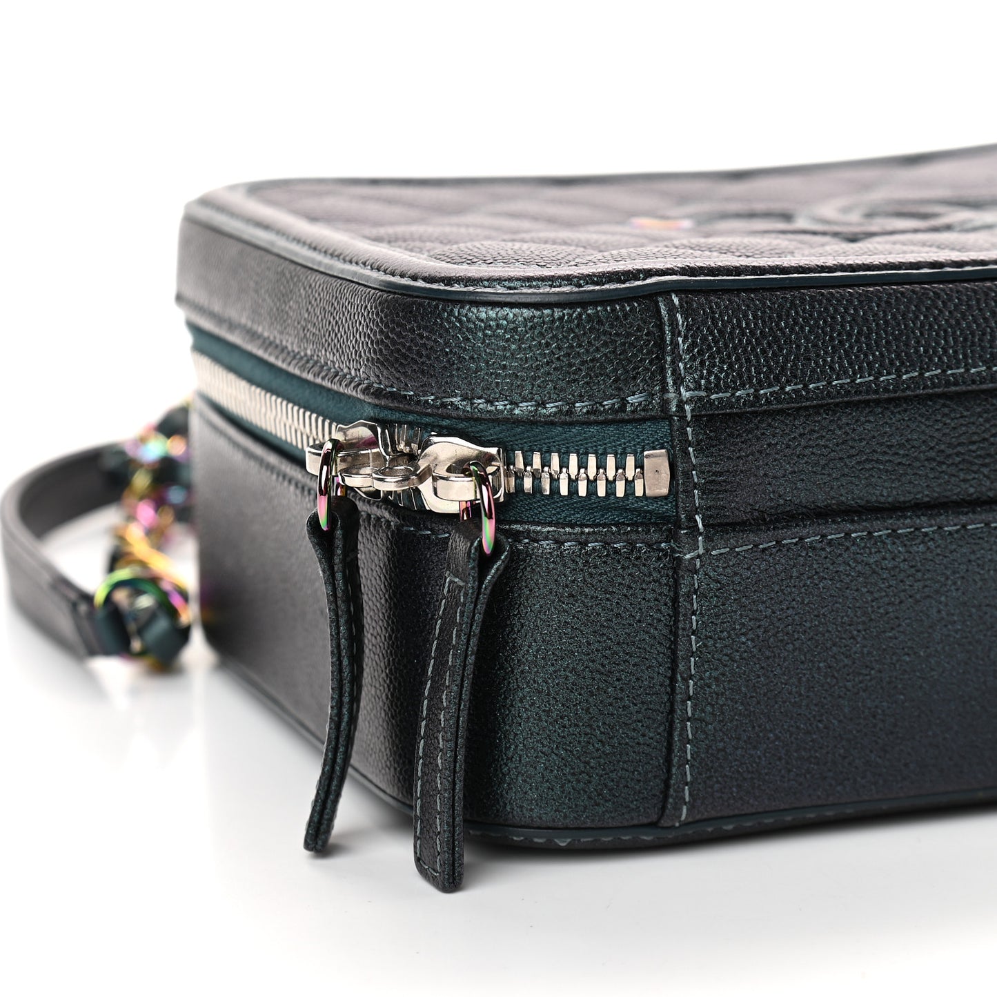 Iridescent Caviar Quilted Medium CC Filigree Vanity Case Dark Turquoise