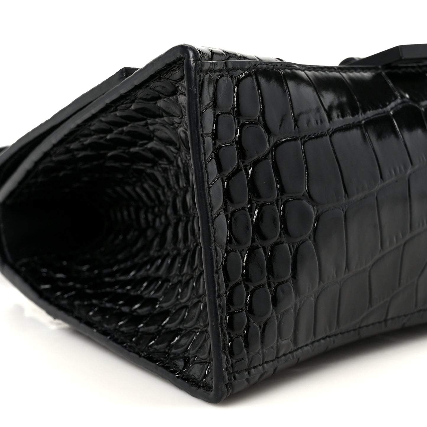 Shiny Calfskin Monochrome Crocodile Embossed Small Hourglass Top Handle Bag Black