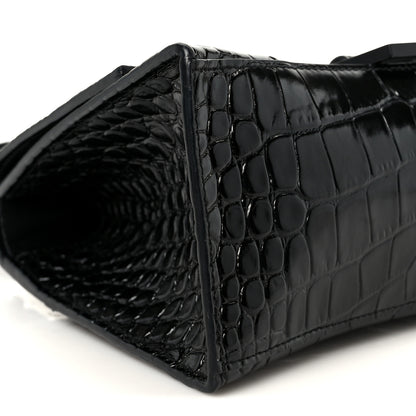 Balenciaga Shiny Calfskin Monochrome Crocodile Embossed Small Hourglass Top Handle Bag Black 9 of 10