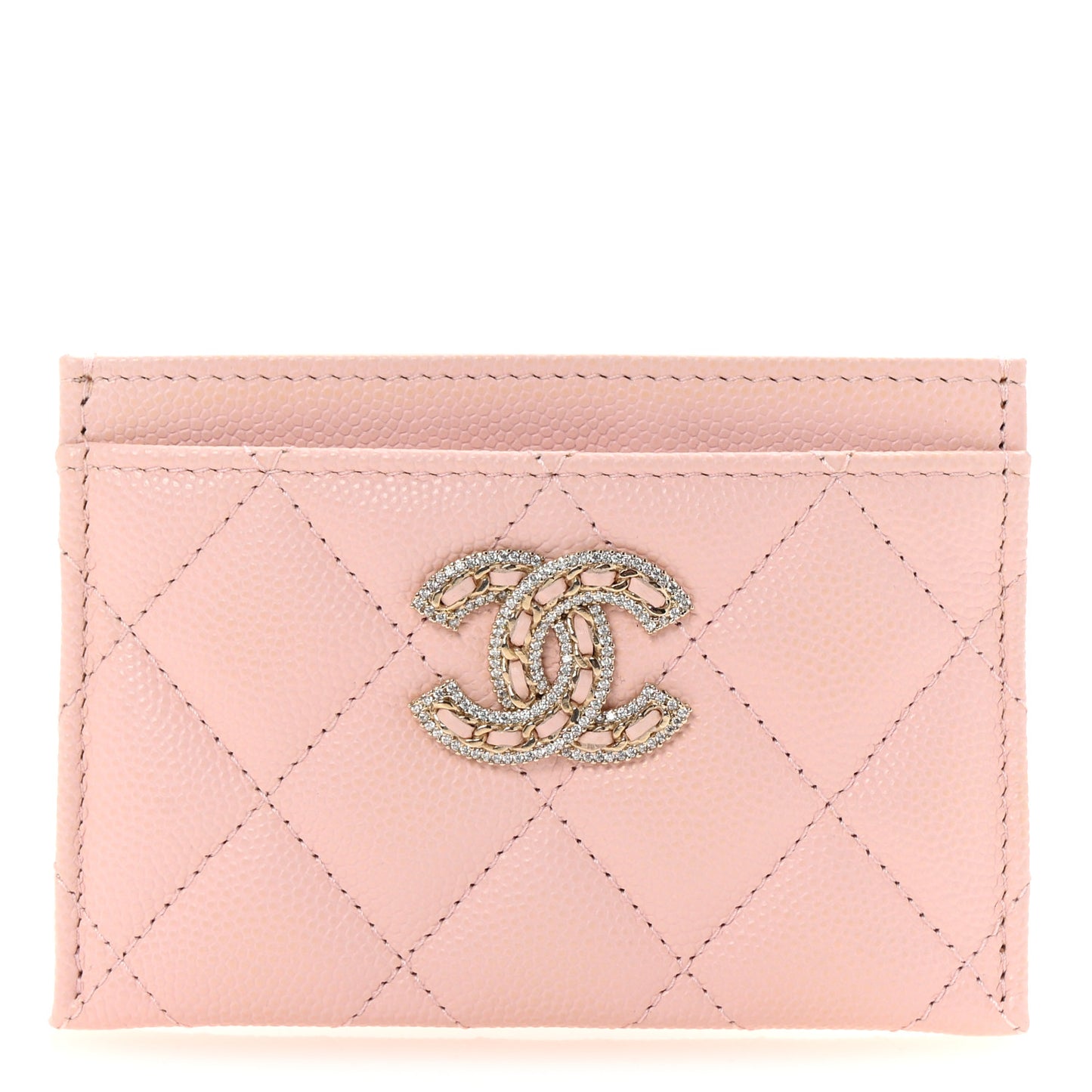 Caviar Quilted Crystal Card Holder Pink