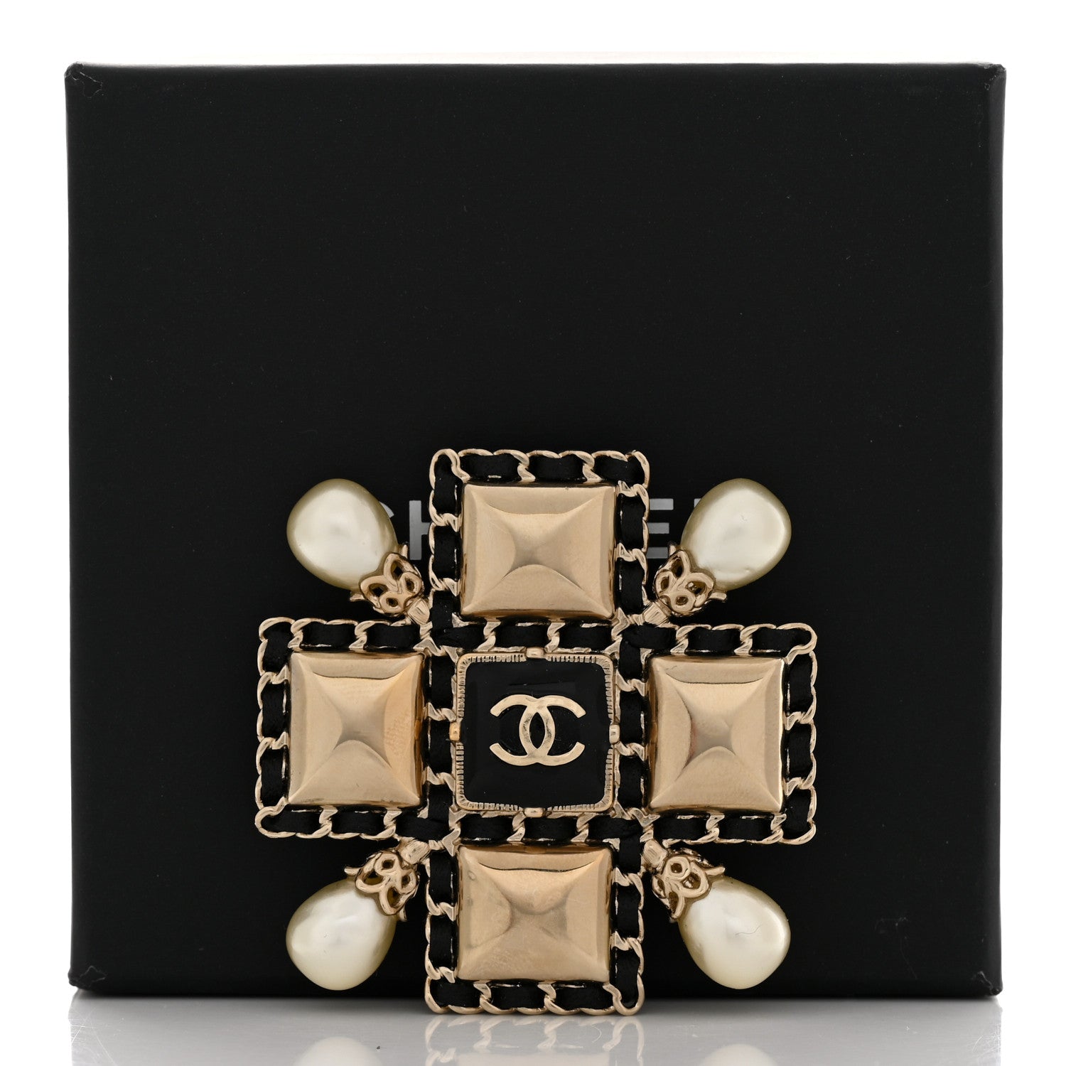 Chanel Pearl Lambskin Resin Maltese Cross Brooch Pendant Gold Black White 5 of 5