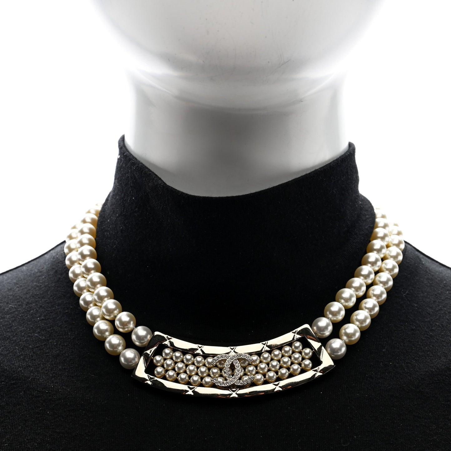 Pearl Crystal Strass CC Multi Strand Necklace Pearly White Gold