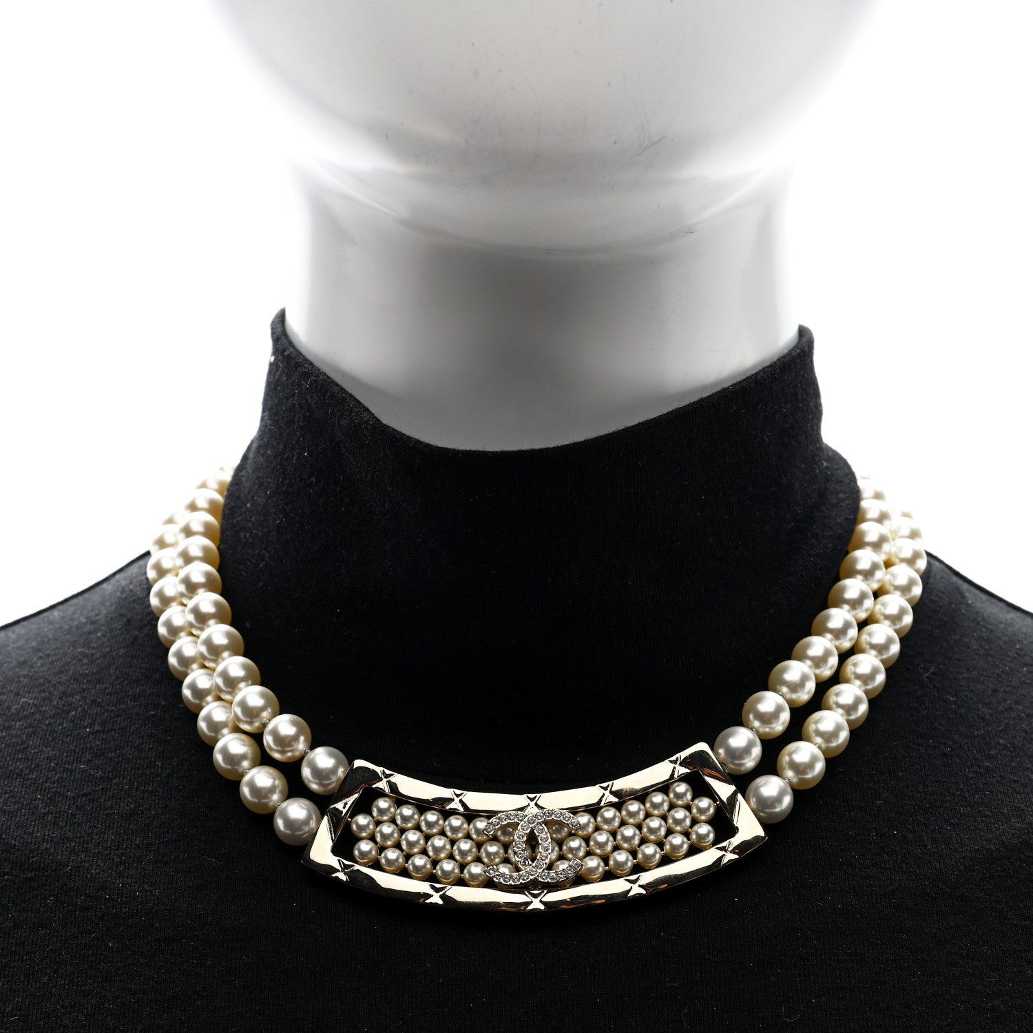 Chanel Pearl Crystal Strass CC Multi Strand Necklace Pearly White Gold 2 of 5