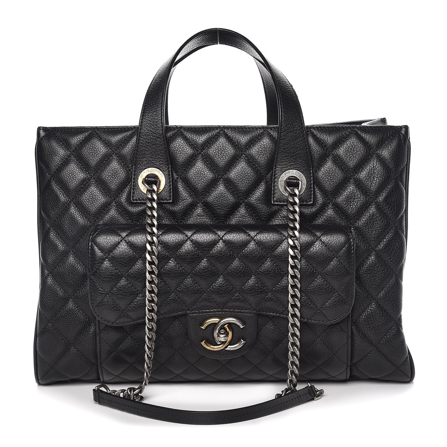 Metallic Grained Calfskin Quilted Large Casual Pocket Tote Black