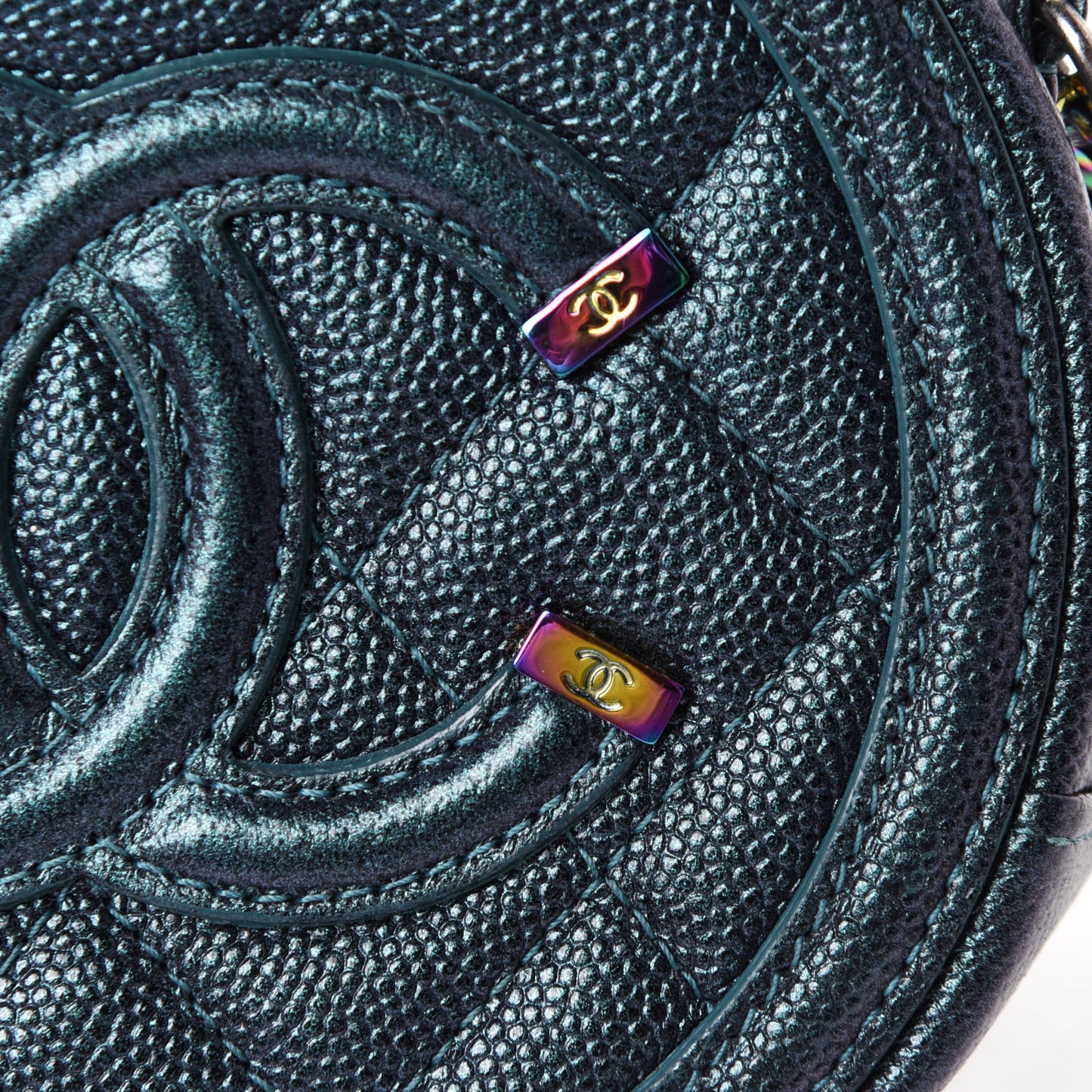 Iridescent Caviar Quilted Round Filigree Crossbody Dark Turquoise