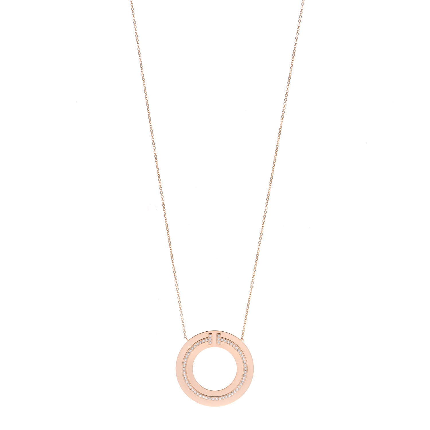 Tiffany 18K Rose Gold Diamond T Circle Pendant Necklace 1 of 6