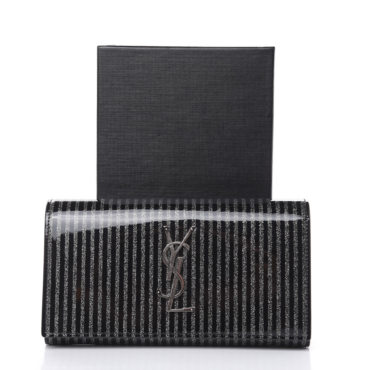 Saint Laurent Patent Glitter Striped Classic Monogram Cassandre Wallet Black Silver 7 of 10