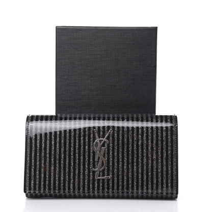 Saint Laurent Patent Glitter Striped Classic Monogram Cassandre Wallet Black Silver 7 of 10