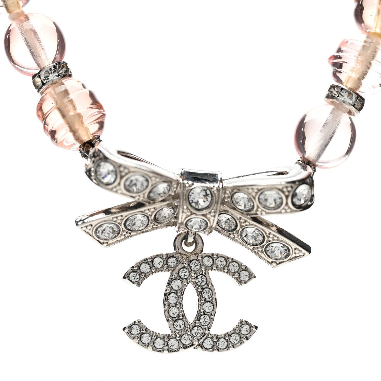 Chanel Resin Bead Crystal CC Bow Drop Choker Necklace Pink Silver 4 of 7