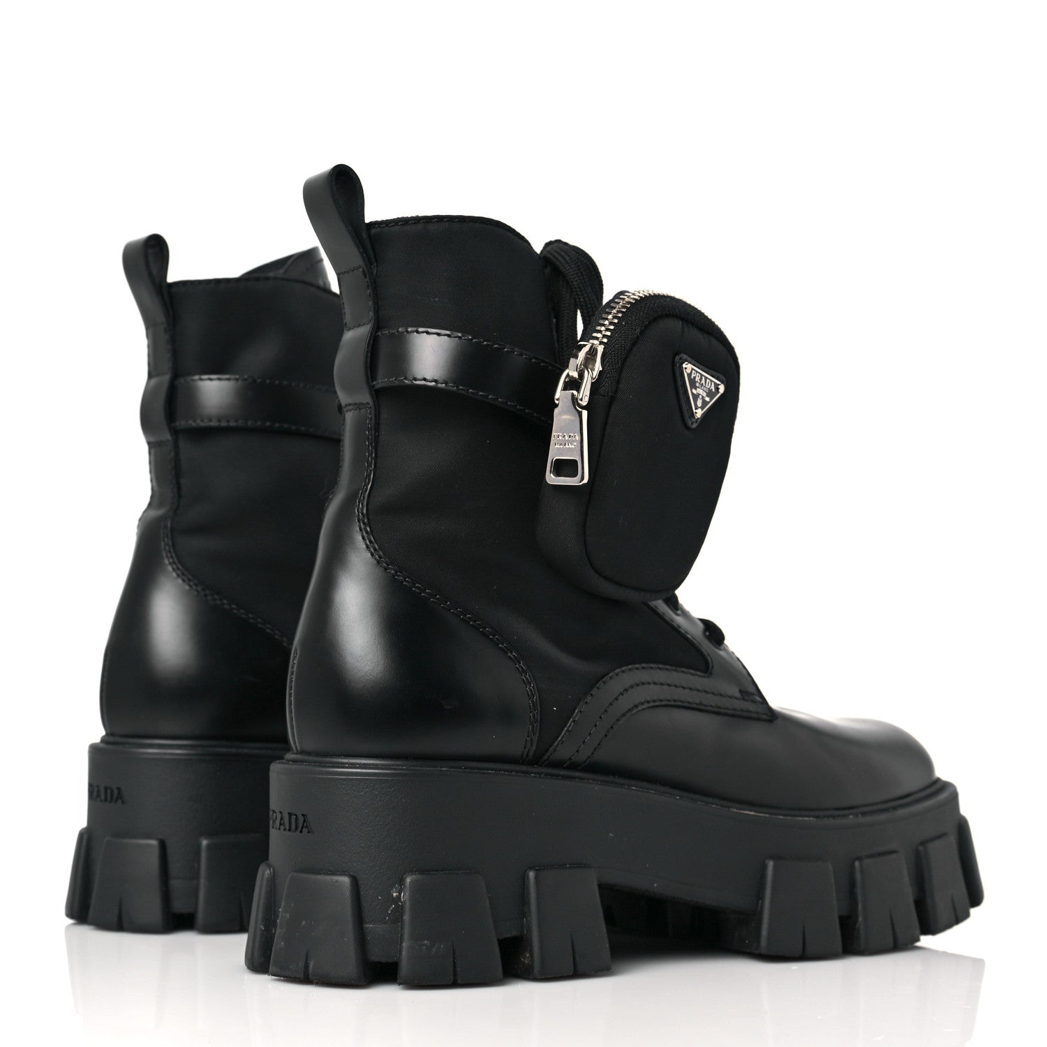 Prada Spazzolato Rois Nylon Metal Triangle Logo Monolith Pouch Pocket 55mm Boots 38.5 Black 4 of 6