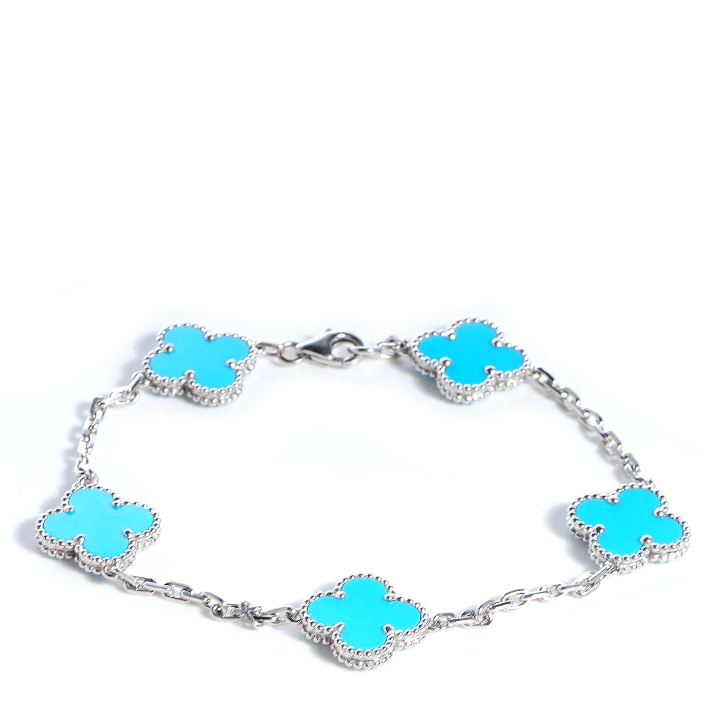 18K White Gold Turquoise 5 Motifs Vintage Alhambra Bracelet