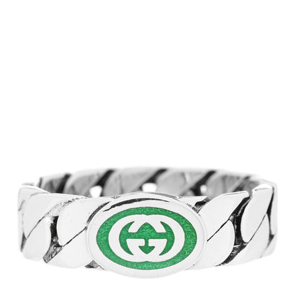 Gucci Sterling Silver Enamel Interlocking G Chain Ring 56 7.5 Green 1 of 4