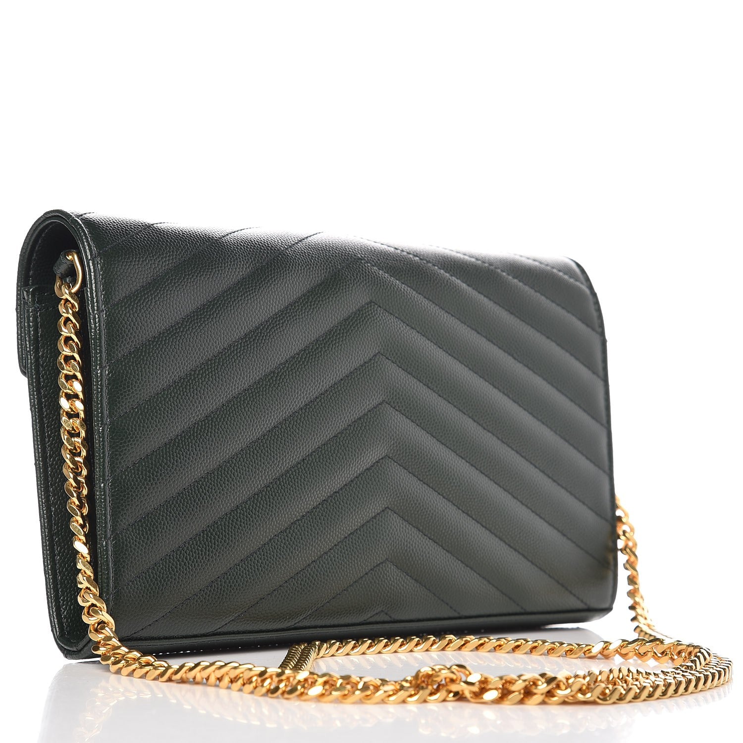 Saint Laurent Grain De Poudre Matelasse Chevron Monogram Chain Wallet Dark Green 3 of 7