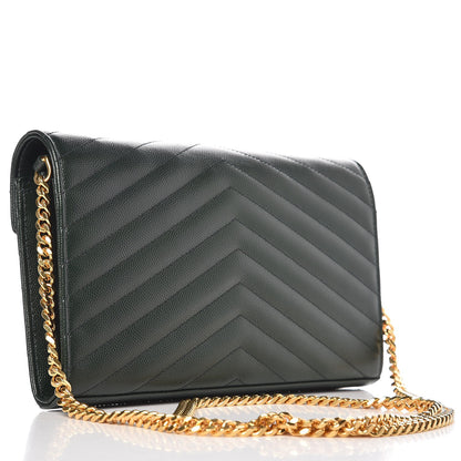 Saint Laurent Grain De Poudre Matelasse Chevron Monogram Chain Wallet Dark Green 3 of 7