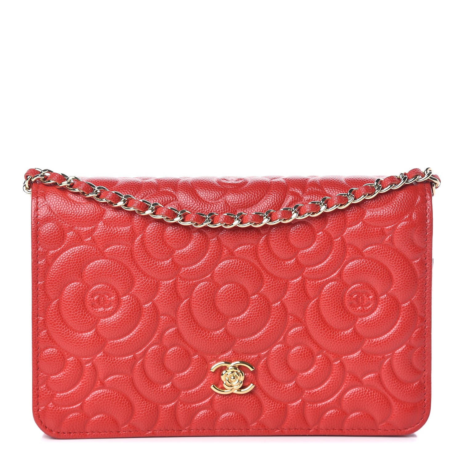 Chanel Caviar Camellia Embossed Wallet On Chain WOC Red 1 of 12
